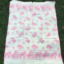 Vintage 1950's Baby Crib Blanket Pink And White Reversible Elephants Circus