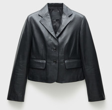 MNG Mango Women's Cropped 100% Leather Jacket Flap Pockets Size L Black NWT