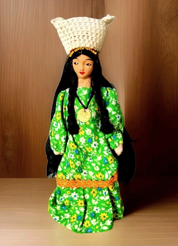 Egyptian Fabric Doll 9" Green Floral Ethnic Folk Traditional Dress Basket  1970's