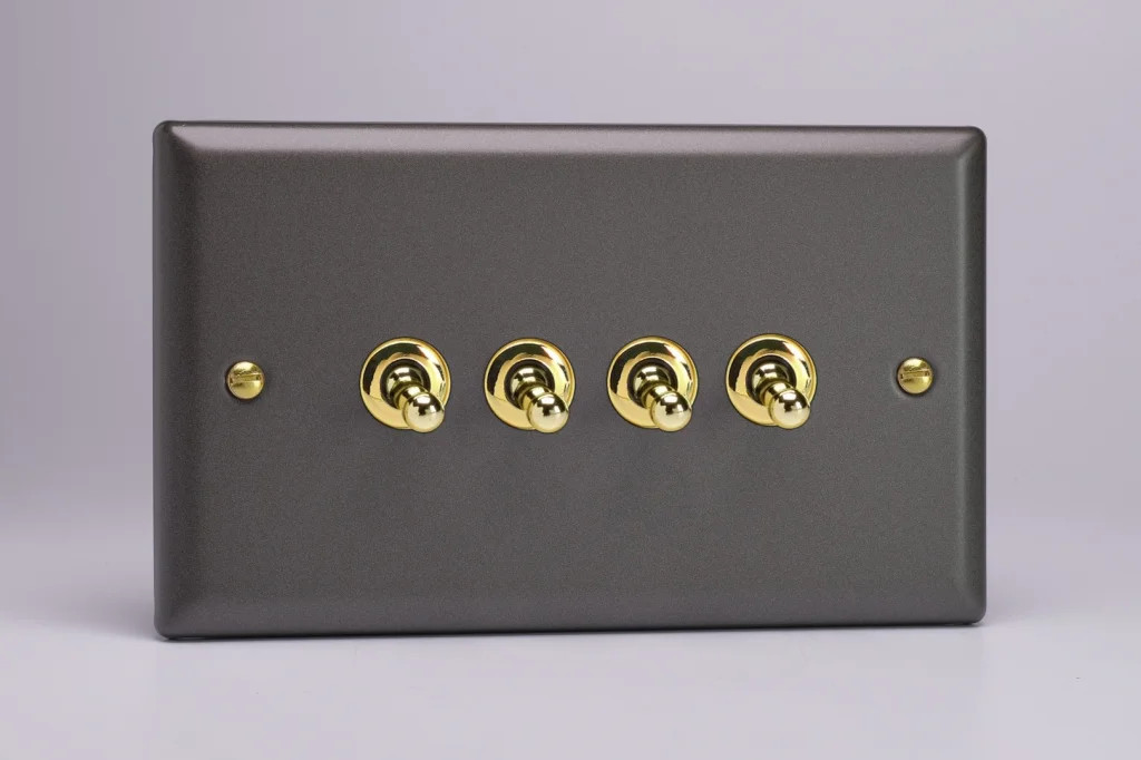 Switch Slate Quad Toggle 10A 4-Gang 2-Way Vogue + Brass Insert Varilight
