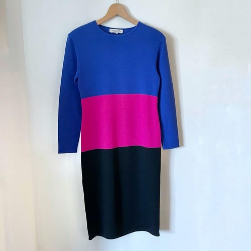 Christian Dior Pret-a-Porter Knit Dress M Blue Pink Black Long Sleeve Wool 100%