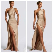 NWT Babyboo Ariel Maxi Dress stretch satin champagne cocktail party sexy slit S
