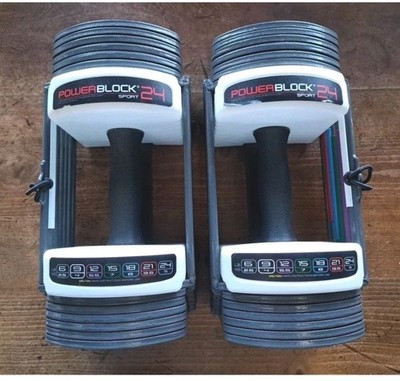 Set Of  2 PowerBlock 24lbs Each Dumbell Set Adjustable Quick Stacking Of Sets.