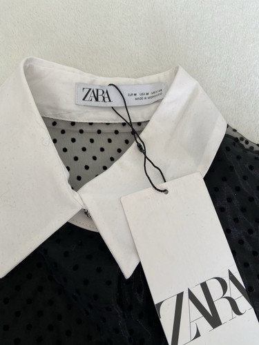 Zara Trinny Black Puff Sleeve Sheer Polka Dot Diamanté Button Blouse M BNWT - Picture 9 of 20