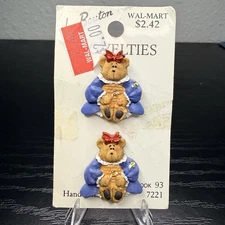 Le Bouton Novelties 2 Button Girl Bear Blue Dress Honey Bee Hand Painted VTG