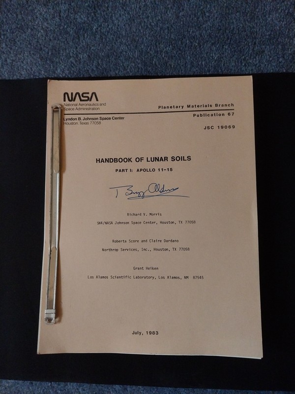 Brad-bound Handbook of Lunar Soils, Buzz Aldrin signed NASA Apollo 11-15.