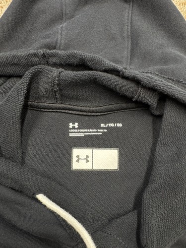 Under Armour Short Sleeve Hoodie Men Sz XL Black Loose Fit Drawstring Cat Logo - Picture 6 of 11