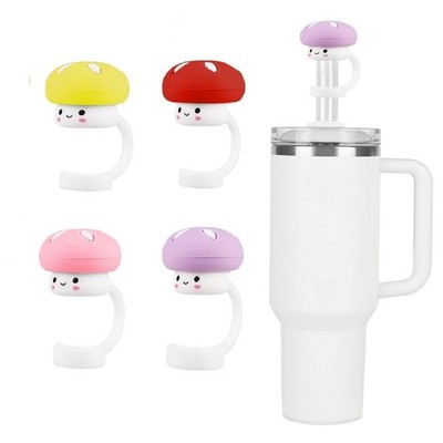 4 Stück Silikon Strohhalm Abdeckung für Tasse Niedlich Pilz Topper mit Griff -3005