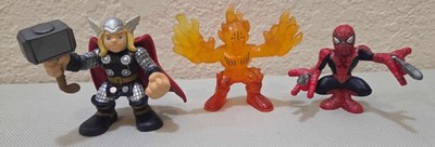 Used Lot of (3) Hasbro Marvel Super Hero Squad - THOR - SPIDER-MAN - HUMAN TORCH