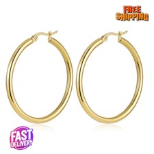 14K Solid Yellow Gold Hoop Earrings Polished Round Creole Hoops Multiple Sizes