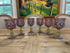 Mackenzie-Childs Circus Rose Arbor Set of 6 Hand-Painted Floral Glass Goblets