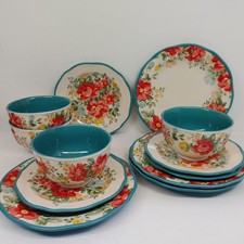 Pioneer Woman Vintage Floral 12 Piece Dinnerware Set Teal Plates Bowls