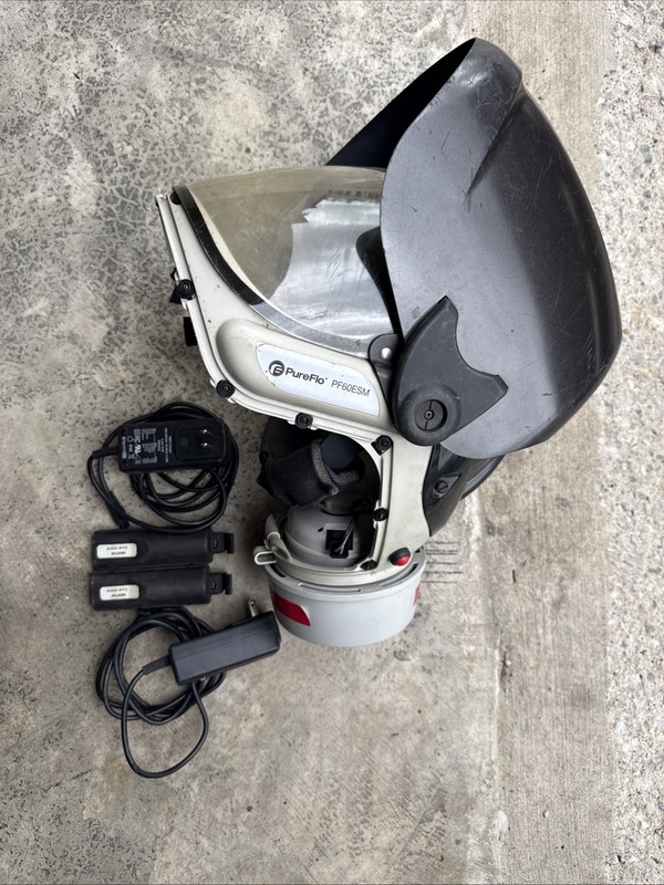Lot of 2 Welding Pureflo PF60ESM helmets, 2 filters & 2 batteries Needs Serviced