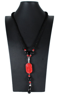 YVES SAINT LAURENT Vintage Black Rope, Bead & Red ASIAN MASK Drop Necklace 18.5''