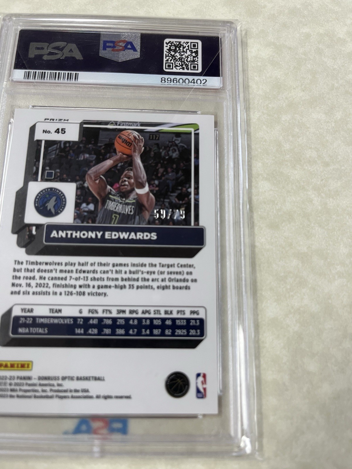 2022 Donruss Optic Pink Velocity #45 Anthony Edwards PSA 10  /79 view 3