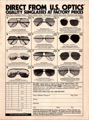 U.S. Optics Quality Sunglasses at Factory Prices print ad