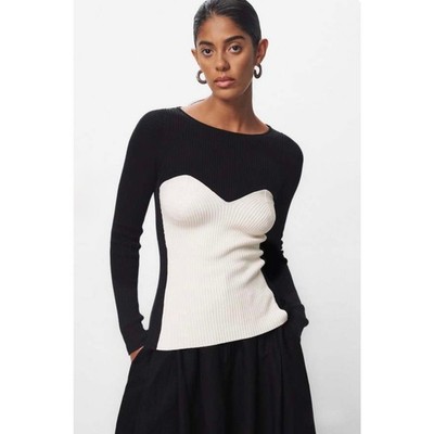 Mara Hoffman Scarlet Sweater S Ivory Black Colorblock Ribbed Knit Boatneck Top
