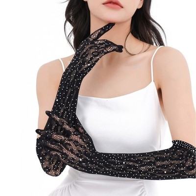 Elegant Lace Gloves Rhinestones Decors Handwear for Women Banquet Evening Party