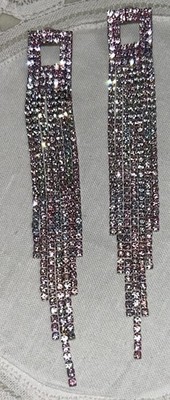 Crystal Fringe Dangle Statement Earrings 4.5  Silver Tone Rhinestone Glam Pastel