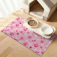 Pink Paw & Bone Dog Food Mat, Dog Cat Feeding Mat, Non-Slip Super Absorbent ...
