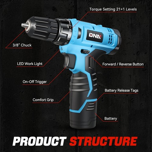 650RPM 21+1 Torque Speed Setting 12V Battery Charging Cordless Drill Driver Blue - Picture 8 of 8