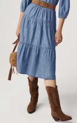 Bash Boho Tiered Blue Denim Cotton Linen Midi Skirt Size 1/8