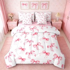 Pink Bow Bed Set for Boys Girls Twin Size Cute Dreamy Princess Style 7 Pieces...