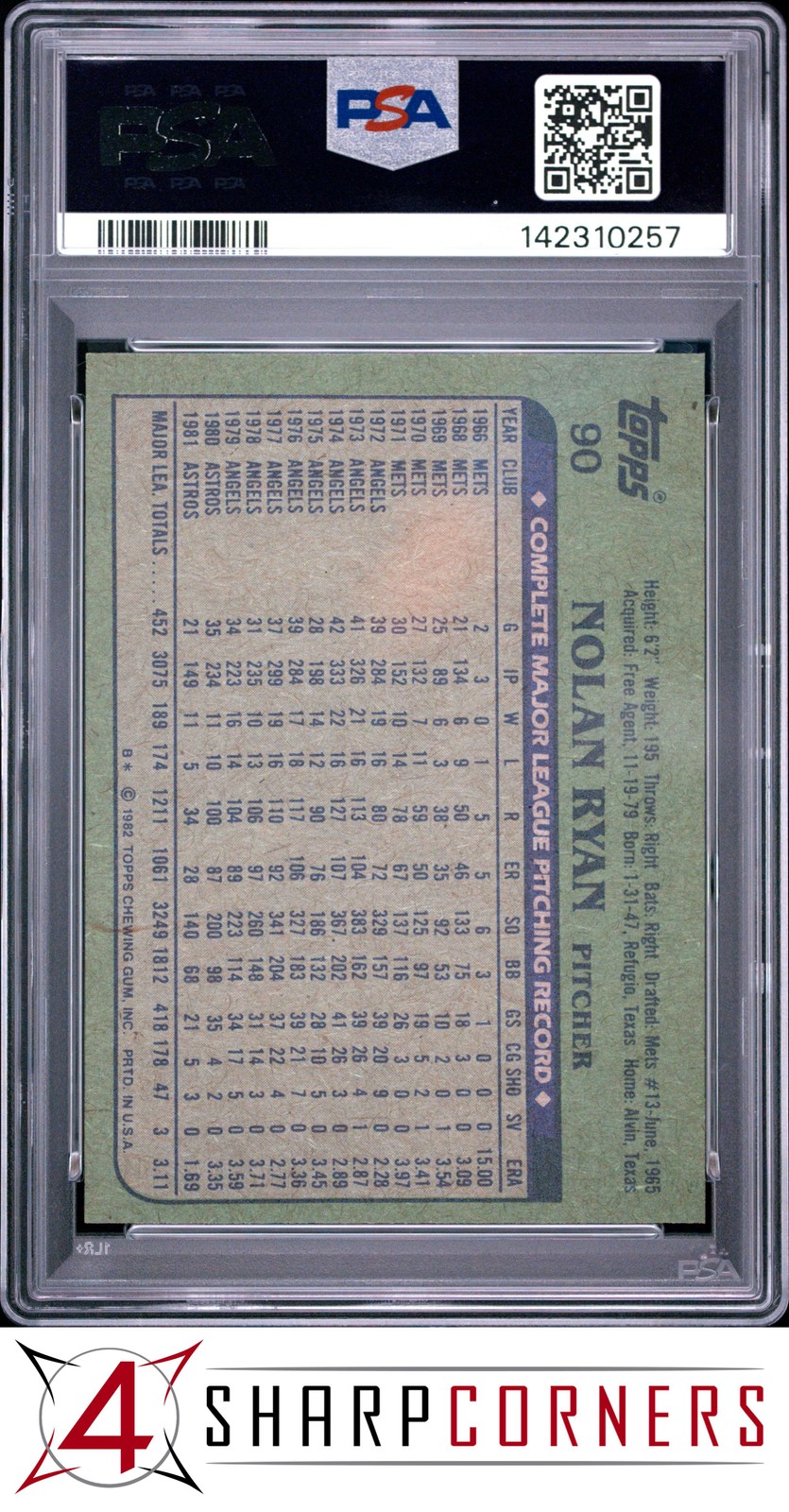 1982 TOPPS #90 NOLAN RYAN ASTROS HOF PSA 9 view 2