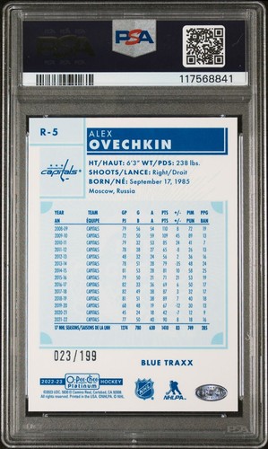 2022-23 O-Pee-Chee Platinum Alex Ovechkin Retro Blue Traxx #R-5 /199 PSA 10 - Picture 2 of 2