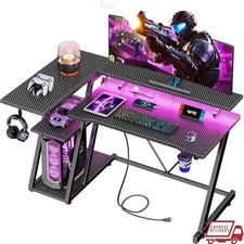 L Shaped Gaming Desk W/ RGB LED Lights USB Outlets Cup Holder & Monitor Stand