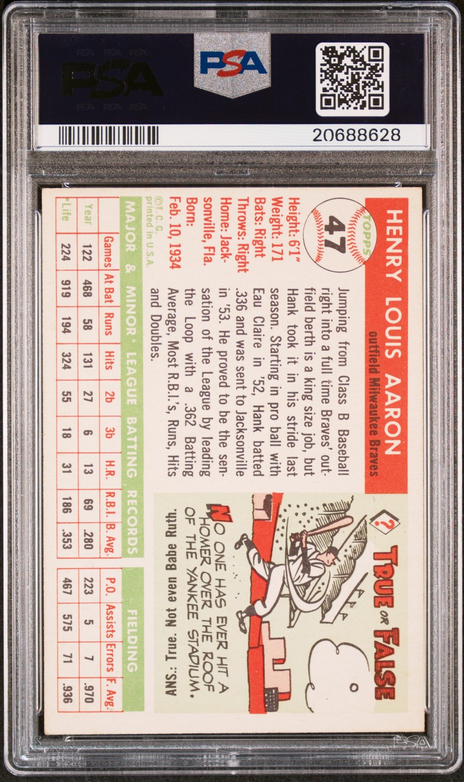 1955 Topps #47 Hank Aaron PSA 5.5 EX+ New Label view 2