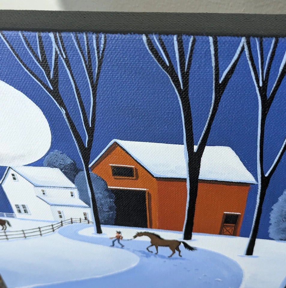 Pintura Arte Popular Original Hombre Líder Caballo País Invierno Paisaje Nieve Granja Foto 3 de 4