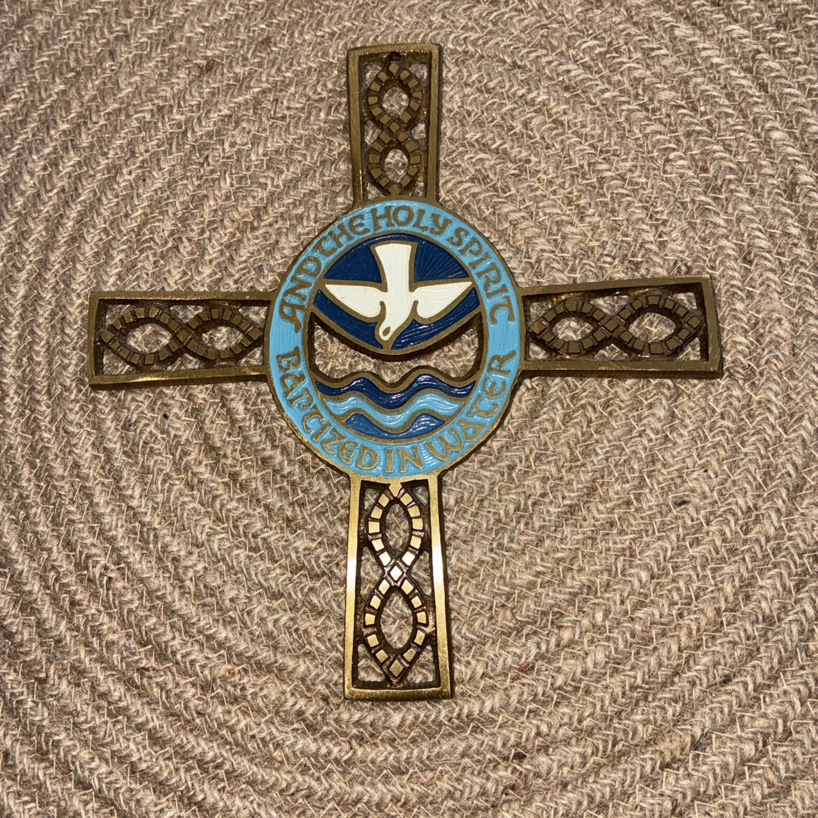 VINTAGE TERRA SANCTA GUILD ENAMELED BRASS CROSS BAPTISM CONFIRMATION