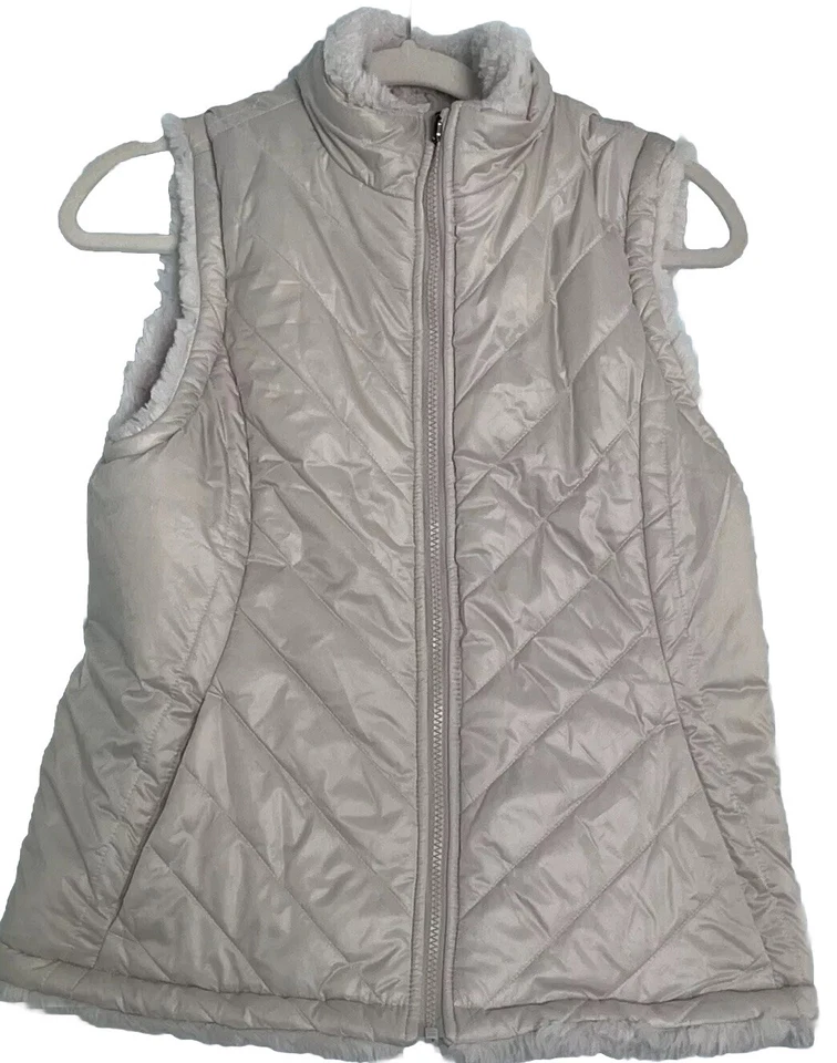 Chaleco reversible Nicole Miller acolchado/piel sintética para mujer XL cremallera completa blanco champán Foto 4 de 4
