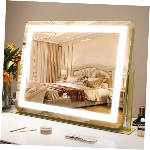 Large Gold Lighted Vanity Mirror with LED Lights 22x19 Inch-image