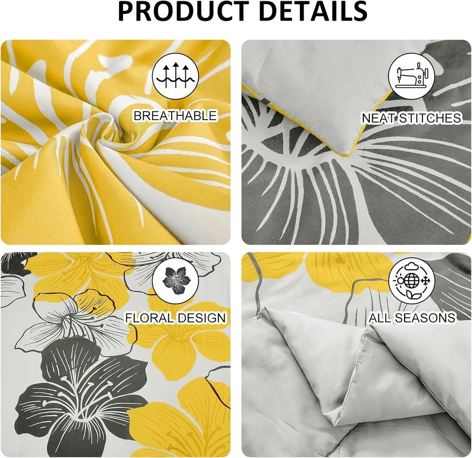 Juego de edredón California King amarillo estampado floral en gris Cal King Be Foto 4 de 4