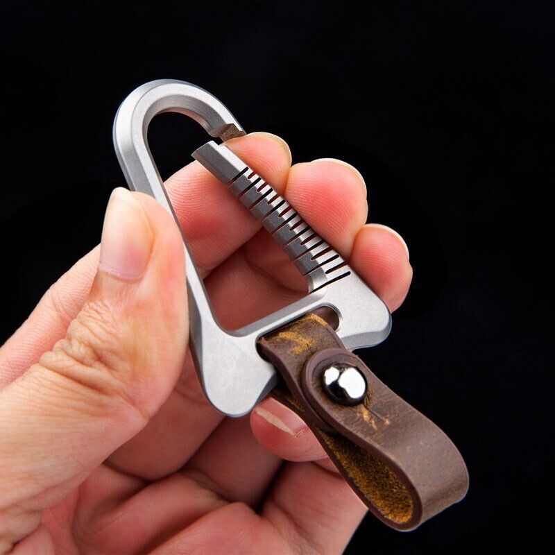 Titanium Alloy + Leather Keychain Carabiner Removable Key Bag