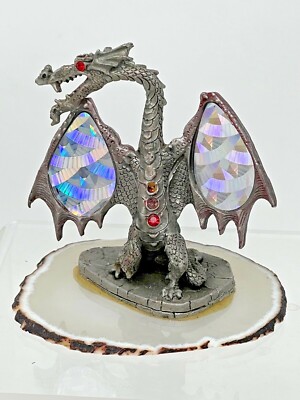 Greg Neeley 1993 Vintage partially Jeweled Pewter Dragon on Polished stone slab 