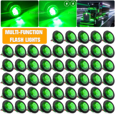 50x 3/4''LED Side Marker Lights Round Bullet Green Strobe Truck Trailer Light 24V