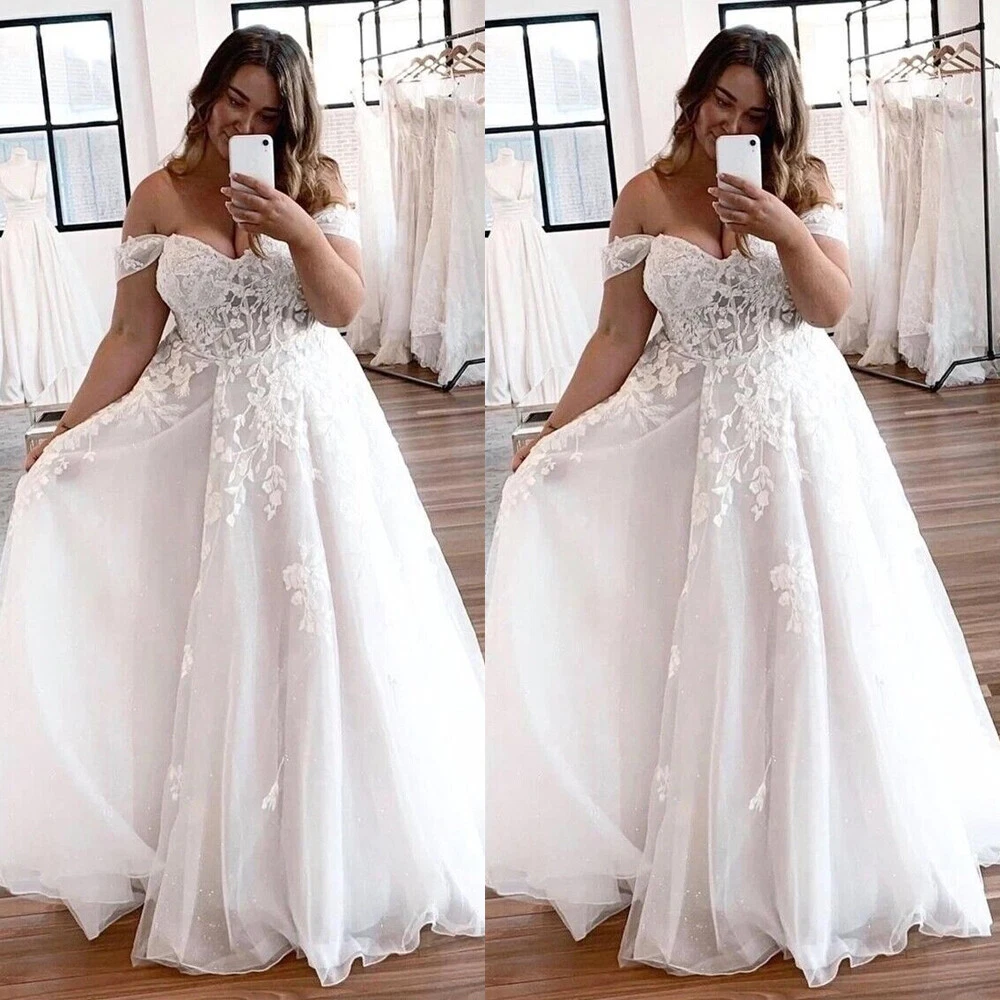 Plus Wedding Dresses A Line Shoulder Lace Appliques Boho Bridal Gowns | eBay