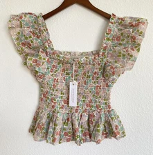 $165 LOVE THE LABEL Smocked Bodice Ruffle Sleeves Ines Ivory Top NWT- Sz X-Small