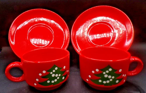 Waechtersbach CHRISTMAS TREE 2 Cup & Saucer Sets, Red, Green, West Germany EUC