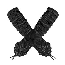 Jurxy Black Satin Fold Beading Etiquette Fingerless Gloves Women Small,