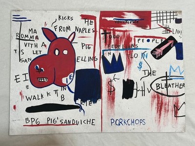 BASQUIAT drawing and painting on old paper signed stamped vintage