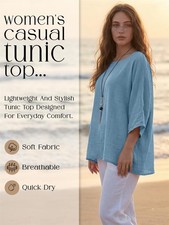 Women's Italian Plain Lagenlook 3/4 Sleeve Loose Fit Ladies Necklace Tunic Top