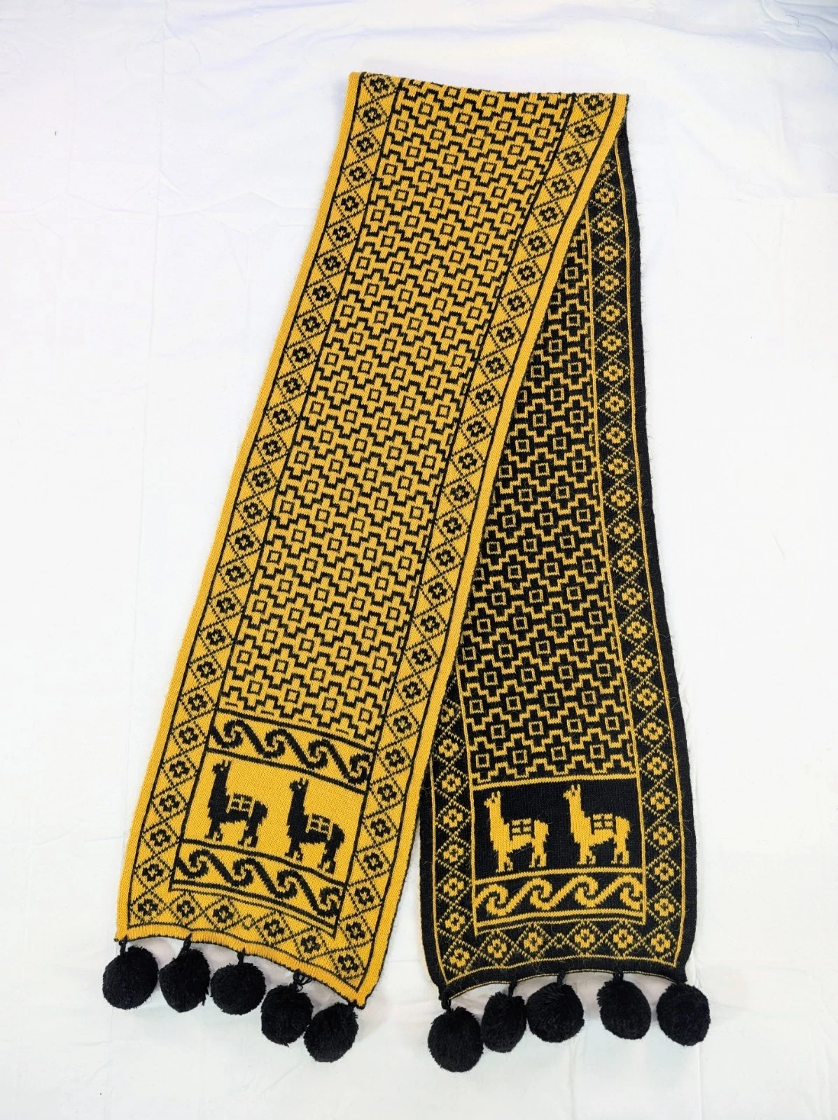 Yellow Black Reversible Soft Alpaca Scarf Pom Pom Peruvian Inca Pattern Textile