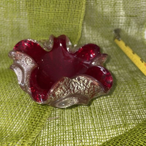 Vintage Murano Venetian Italian Glass Geode Bowl Archimede SEGUSO RED Silver