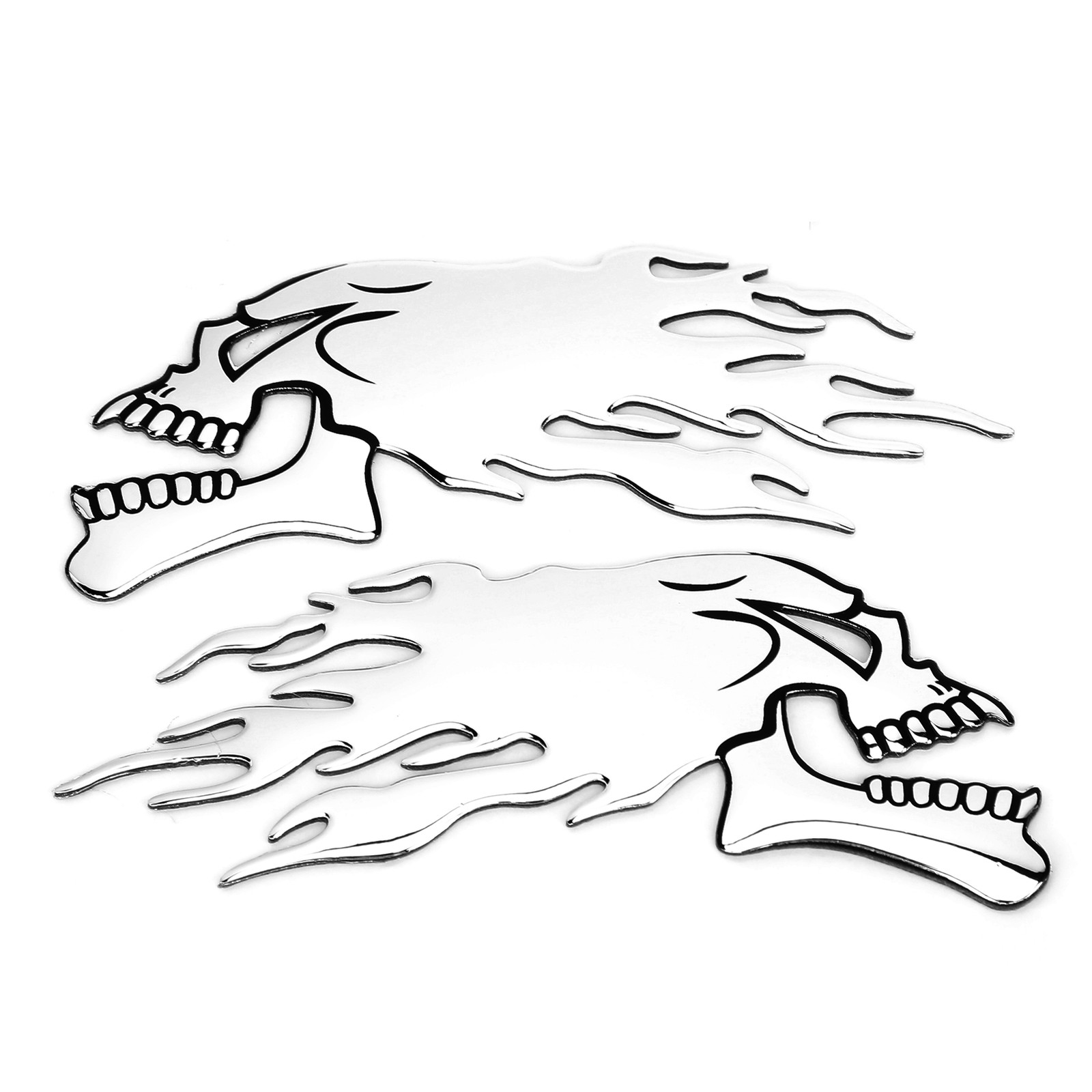 2PCS Fuel Tank Sticker 3D Flame Skull Decal Decorations For Motorcycle(Silve SLS
