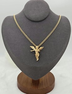 Gold Medium Sized Angel, 14K Heavy Plated Gold, 3mm Curb Chain, Unisex