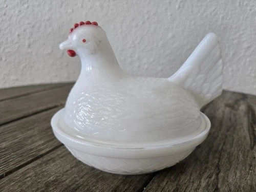 Hen on a Nest, Hazel Atlas Milk Glass with Red Accents 1930s Discolored Glaze